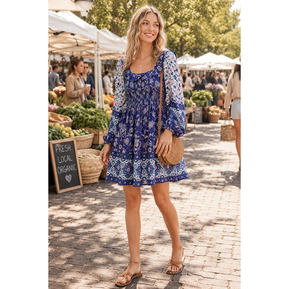 Nuuly x Spell Clairvoyant Mini Dress S Boho Festival Floral Smocked Blue